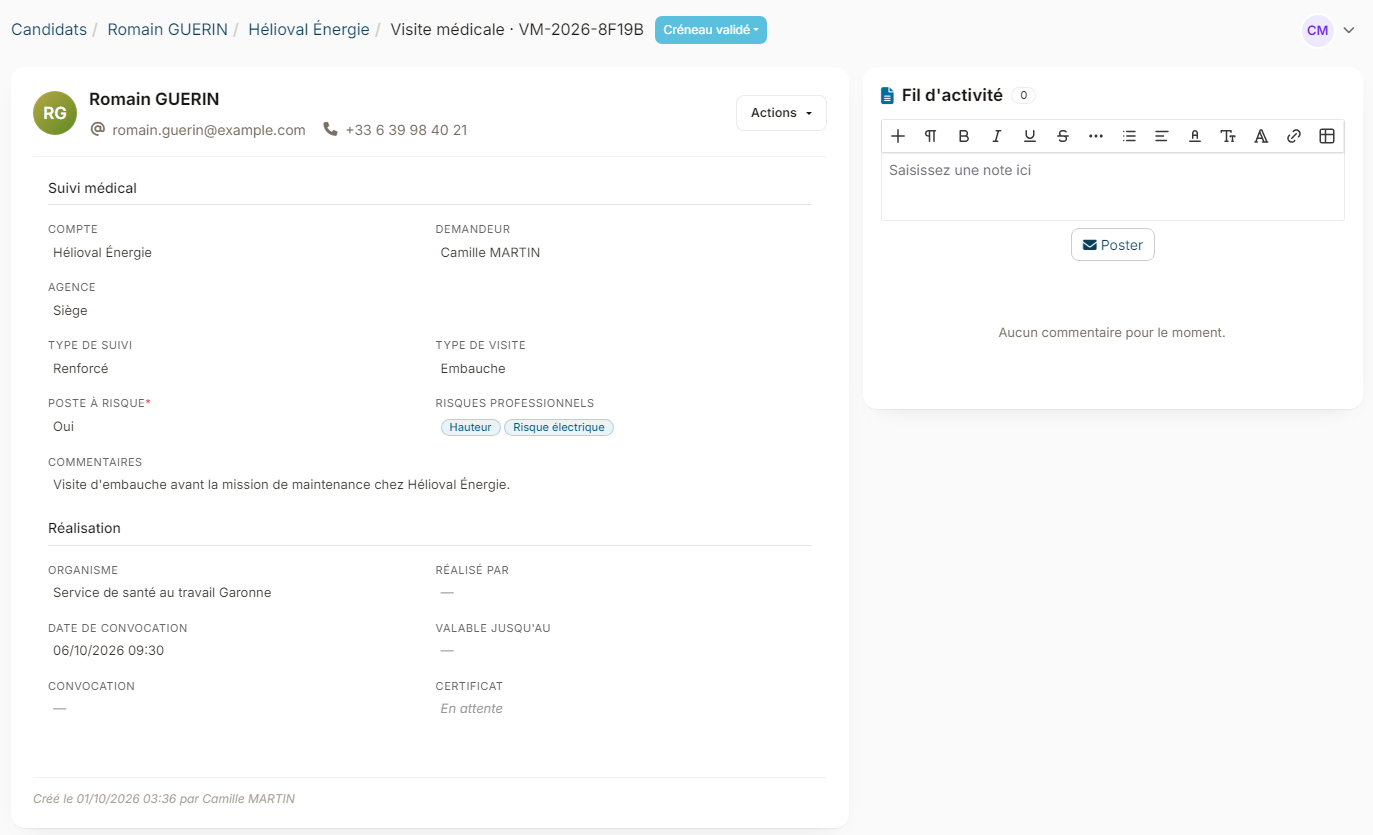 Page d'une visite médicale : en-tête, fiche et fil d'activité