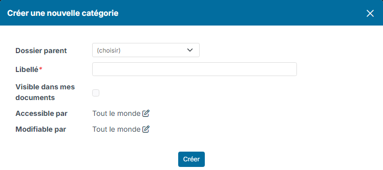 New category window: Parent folder, Label, Visible in my docs, Available for, Updatable by