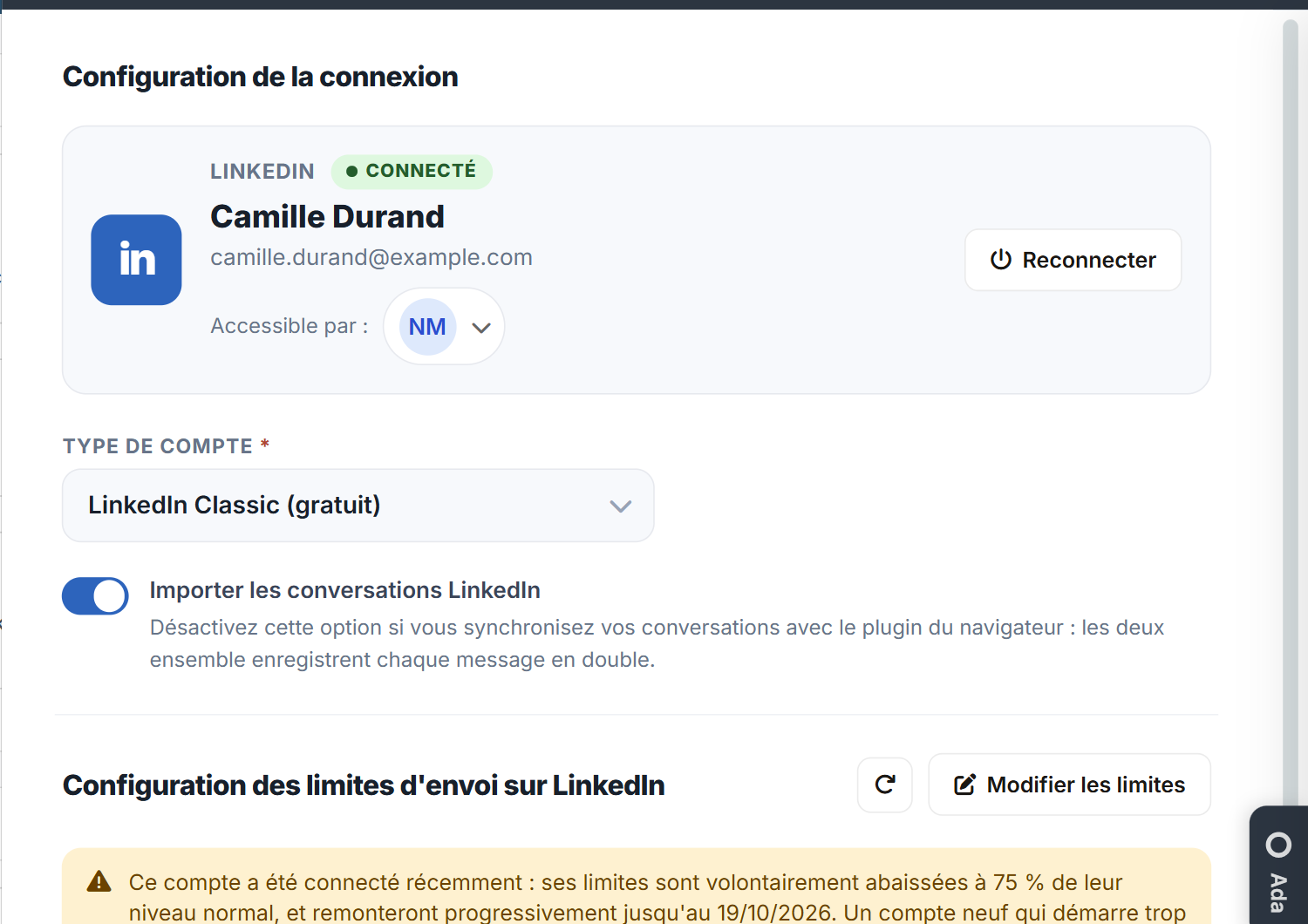 Panneau Configuration de la connexion LinkedIn : type de compte et import des conversations