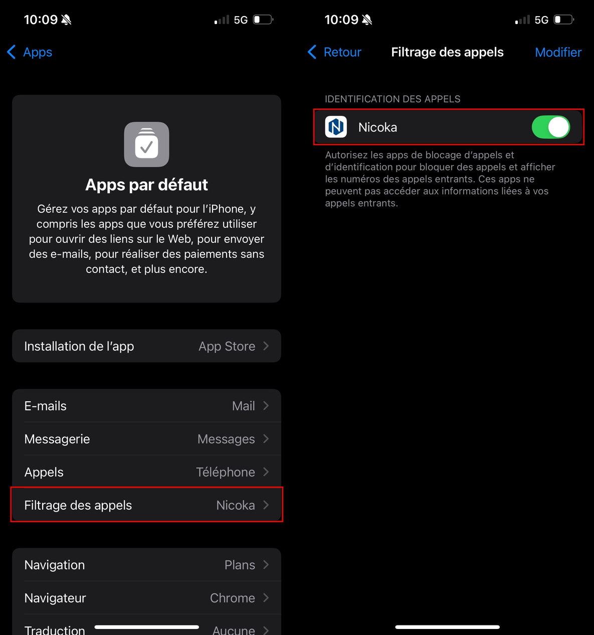 iPhone settings: default apps, call filtering, Nicoka turned on