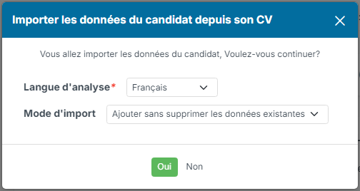 Fenêtre Importer les données du candidat depuis son CV, avec la langue d'analyse et le mode d'import