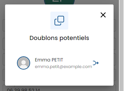 Fenêtre Doublons potentiels avec le profil existant et la flèche pour relier