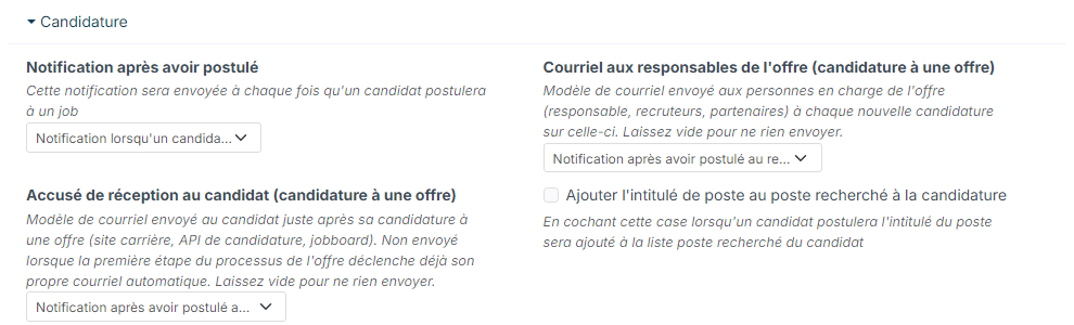 Section Candidature des points de paramétrage de l'ATS