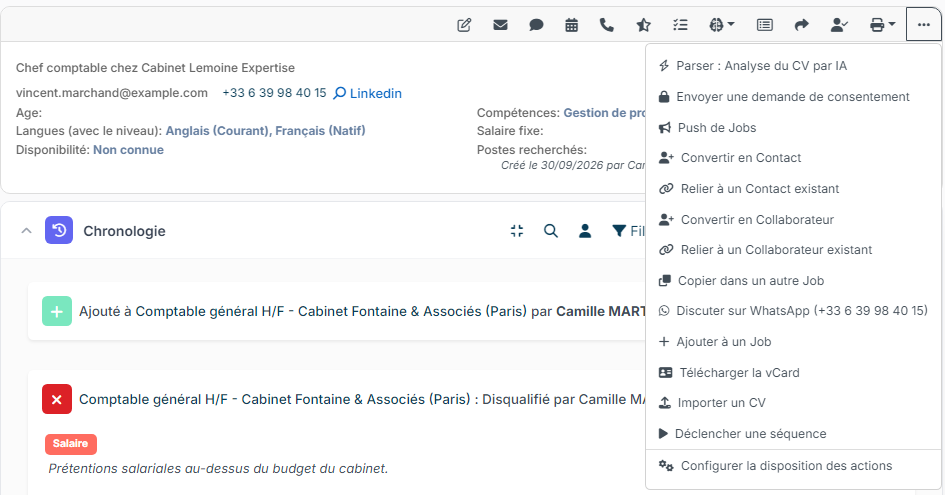 Menu Autre Actions de la fiche candidat avec Convertir en Contact et Relier à un Contact existant