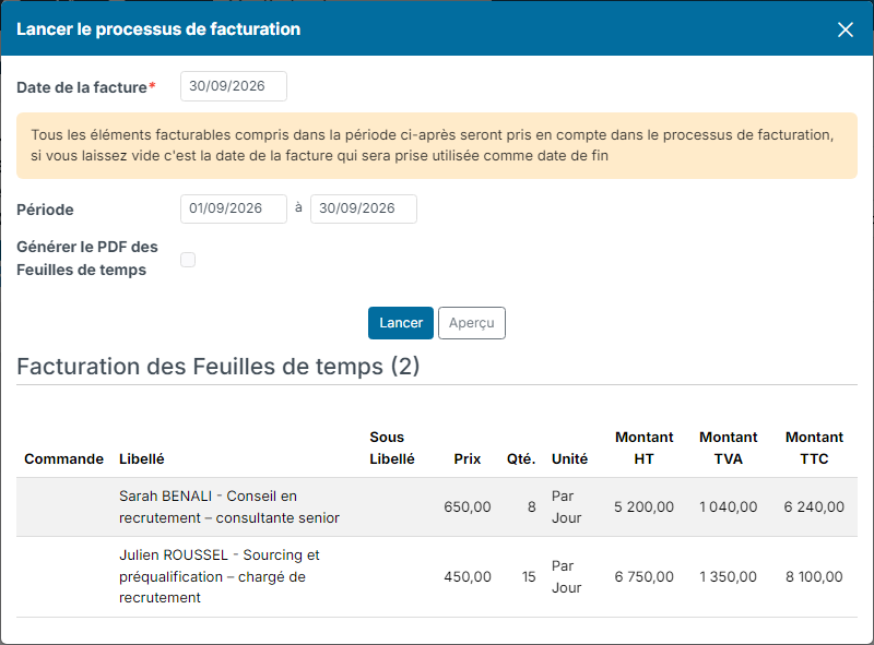 Preview of timesheet invoicing: one line per person and per activity, with price, quantity and amounts