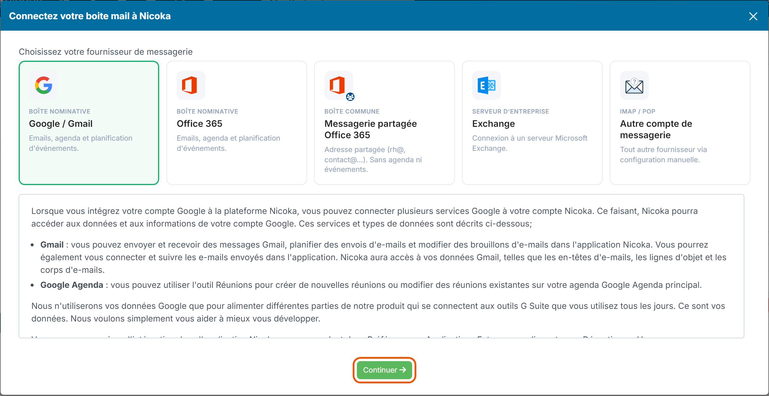 Connect your mail box to Nicoka window, Google / Gmail card selected