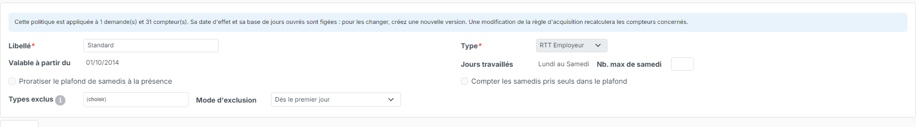 En-tête d'une règle d'acquisition en jours ouvrables avec les options sur les samedis