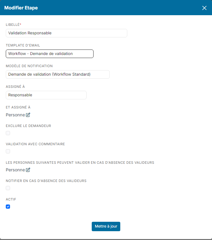 Fenêtre Modifier Etape de l'étape Validation Responsable
