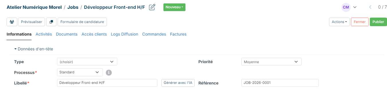 Fiche d'un job avec sa référence générée JOB-2026-0001
