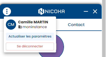 Menu de l'extension : utilisateur, espace, Actualiser les paramètres et Se déconnecter