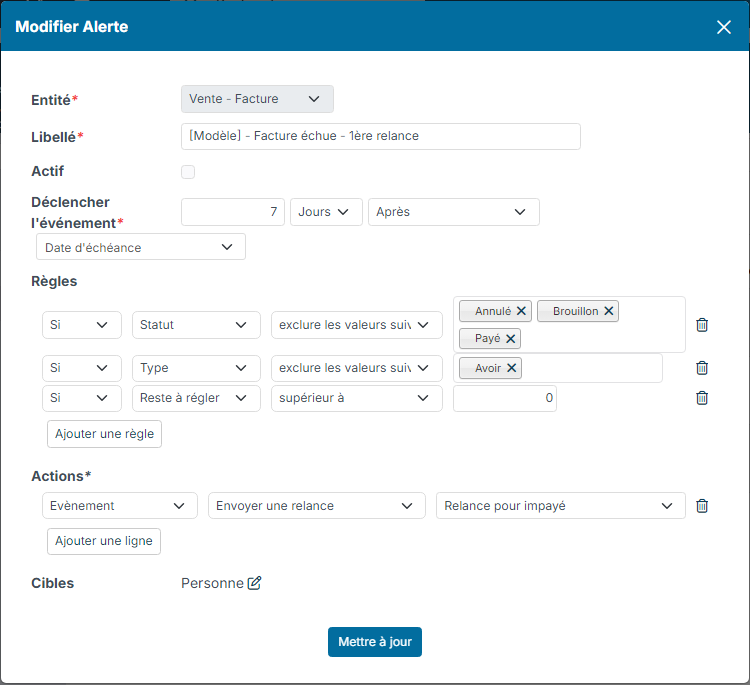 Edit window of the first reminder alert: delay, rules and send dunning email action