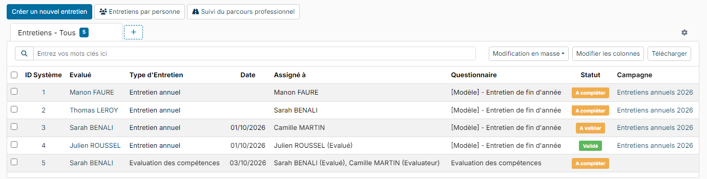Liste des entretiens avec les boutons Créer un nouvel entretien, Entretiens par personne et Suivi du parcours professionnel