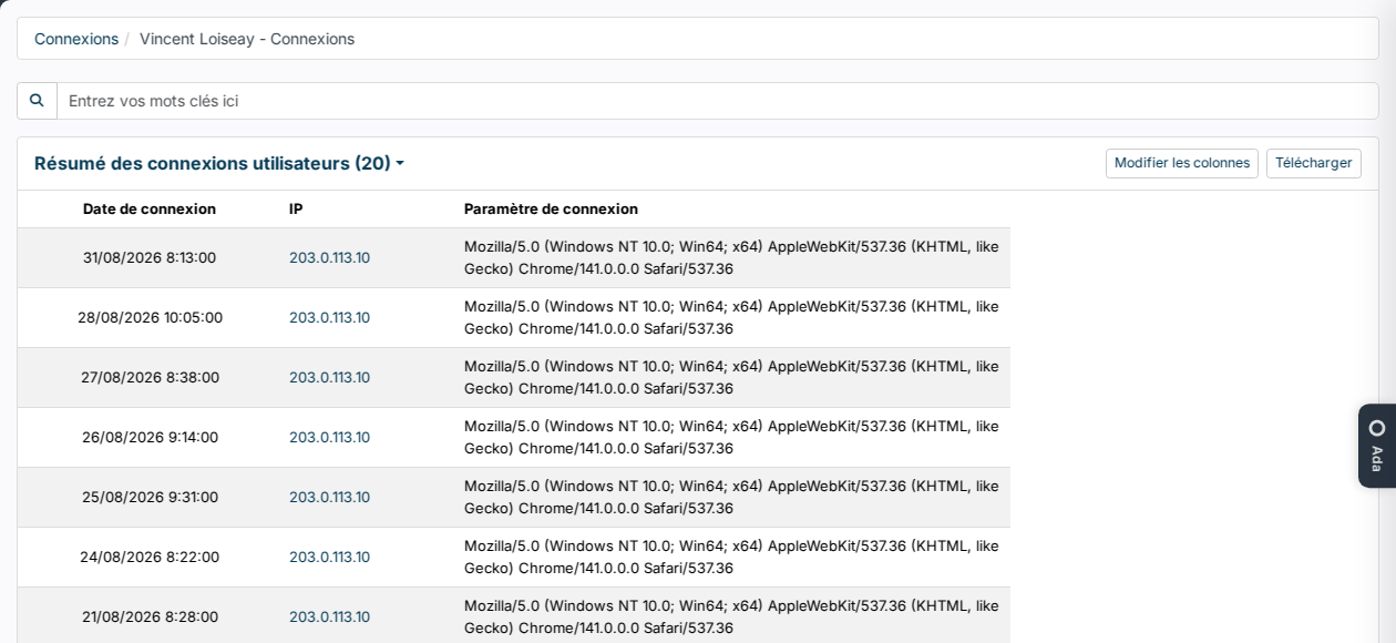 Connexions d'un utilisateur : date de connexion, adresse IP et navigateur