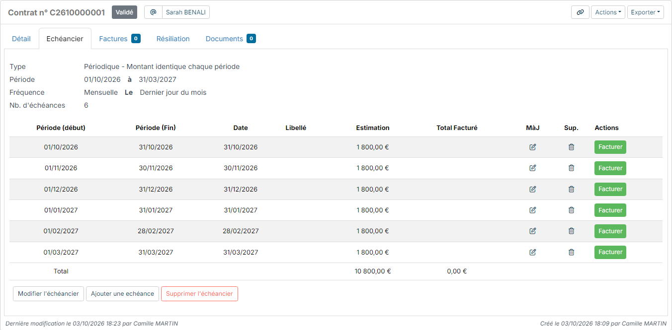 Monthly schedule of a contract: six deadlines of €1,800 with their Bill button