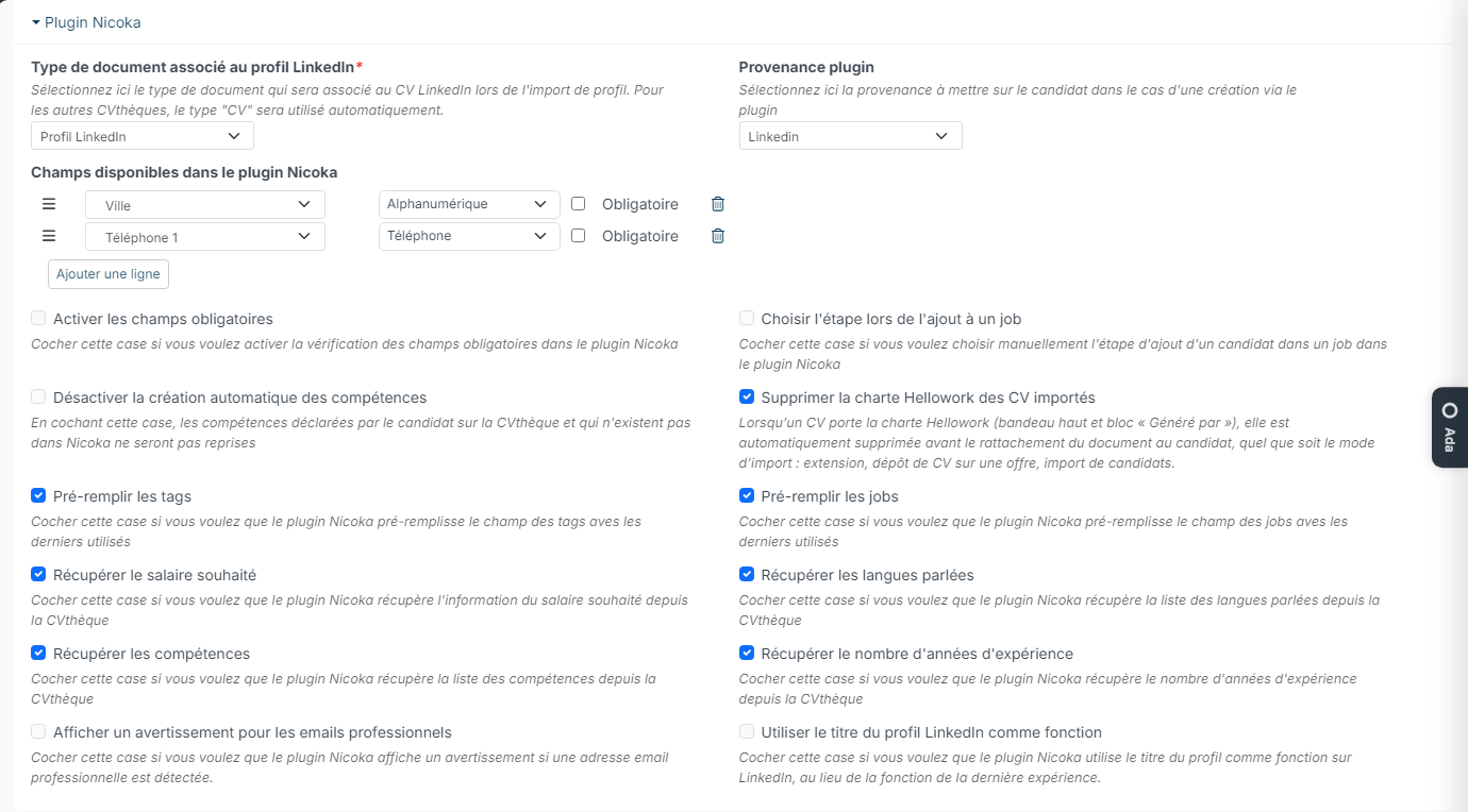 Points de paramétrage du module ATS, section Plugin Nicoka : champs disponibles et options du plugin