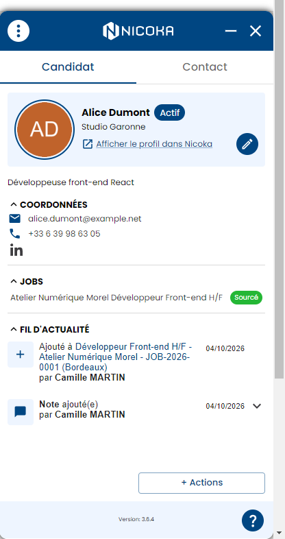 Résumé d'un candidat existant : statut Actif, coordonnées, job et fil d'actualité