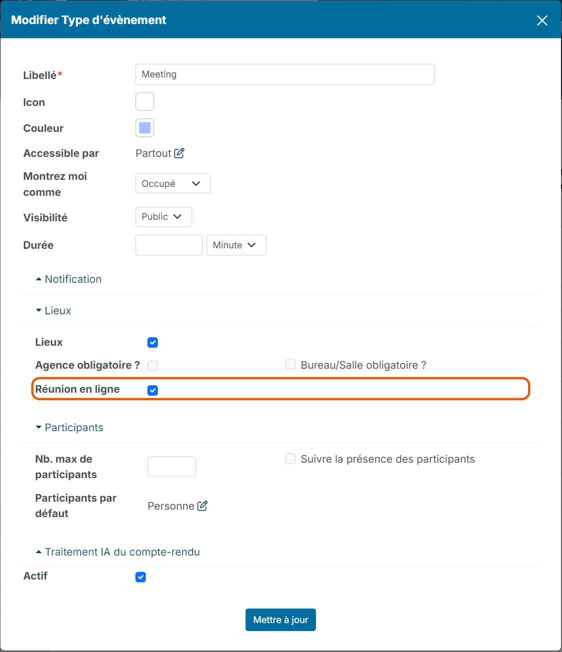 Fenêtre Modifier Type d'évènement, case Réunion en ligne de la partie Lieux