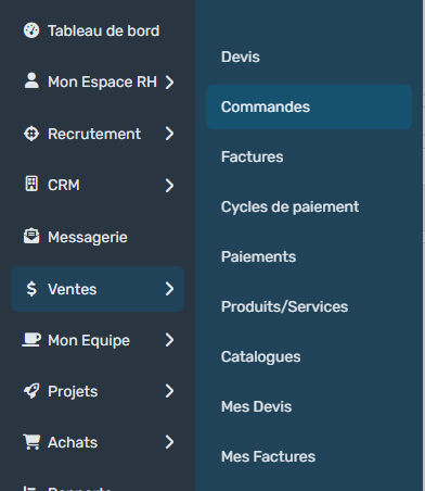 Menu Ventes, sous-menu Commandes