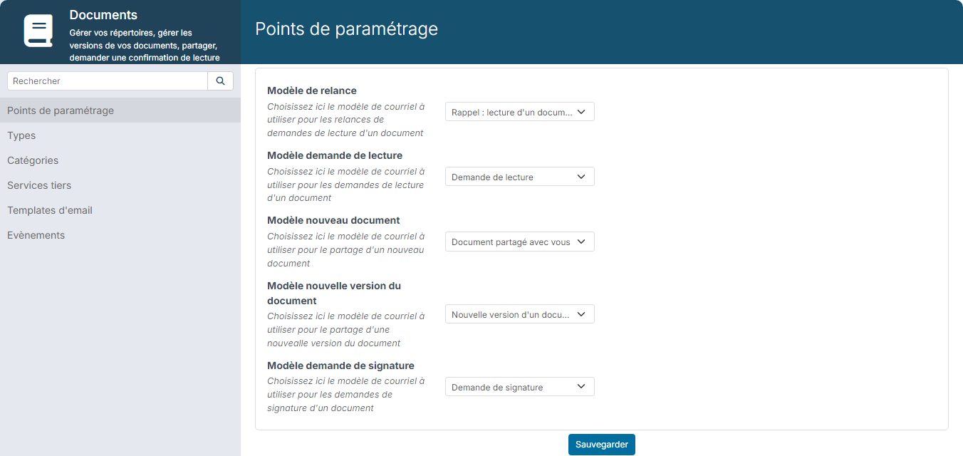 Documents module settings, Customizing Points with the email templates of read and signing requests