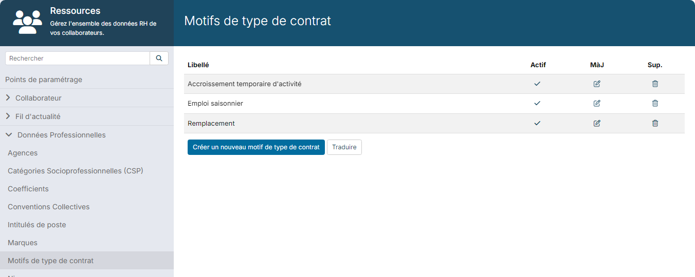 Resources module customizing, list of contract type reasons