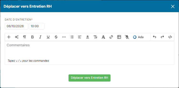 Fenêtre Déplacer vers Entretien RH avec la date et l'heure d'entretien saisies