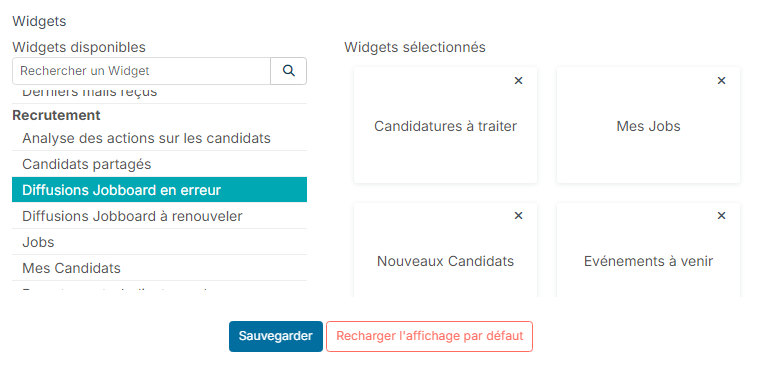 Choix des widgets du tableau de bord