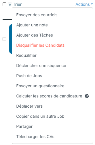 Menu Actions d'une étape avec le choix Calculer les scores de candidature