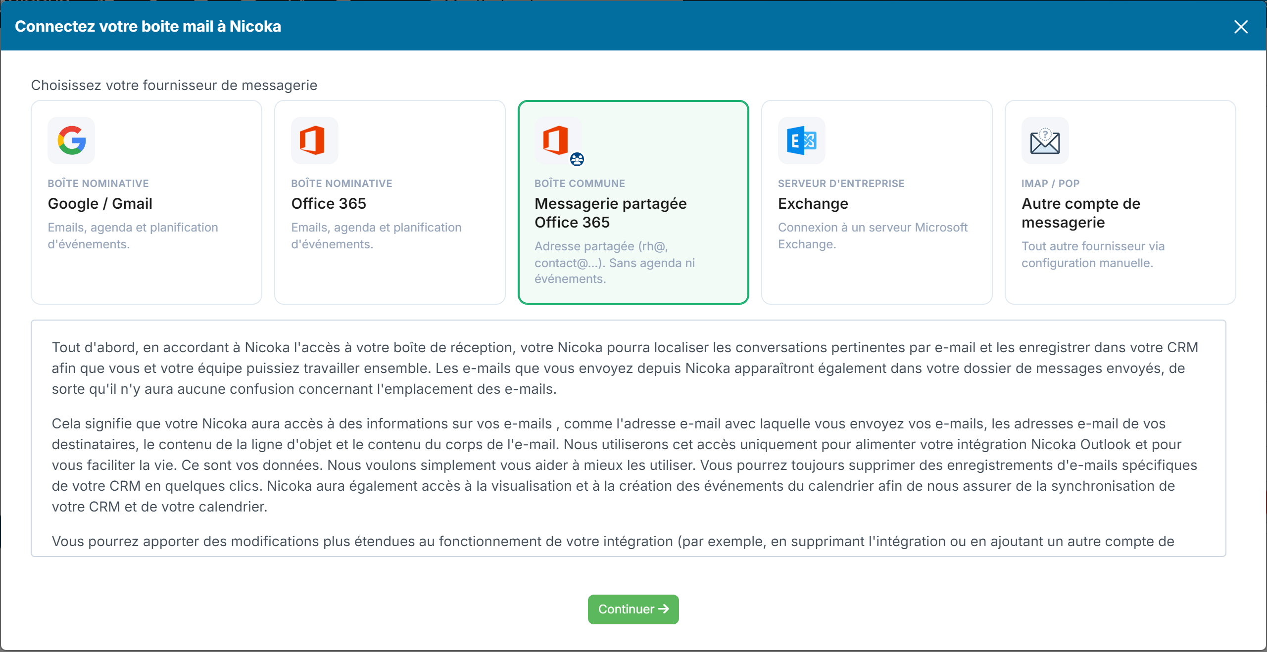 Office 365 shared messaging card selected