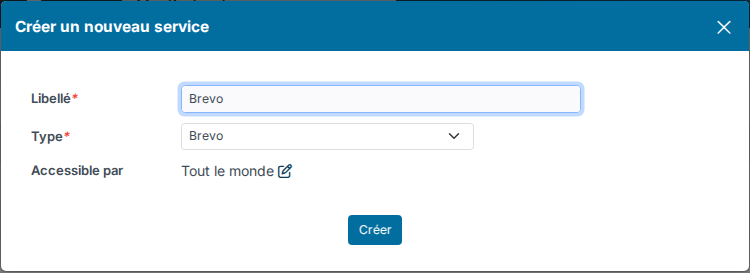 Fenêtre Créer un nouveau service avec le type Brevo