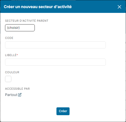 Fenêtre Créer un nouveau secteur d'activité : parent, code, libellé, couleur et Accessible par