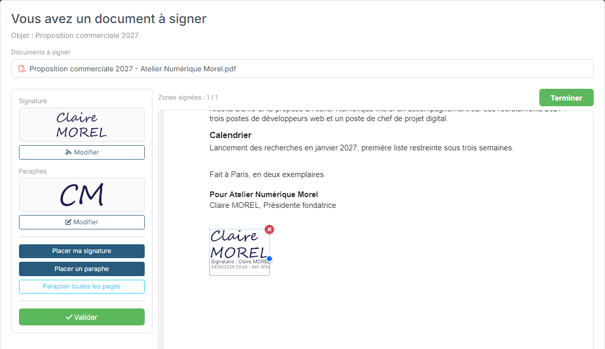 Signing page: signature placed in the expected zone, Signed zones 1 / 1 counter and Finish button