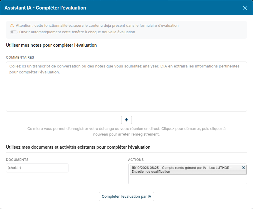 Fenêtre Assistant IA - Compléter l'évaluation, avec le compte rendu de la réunion sélectionné dans les actions