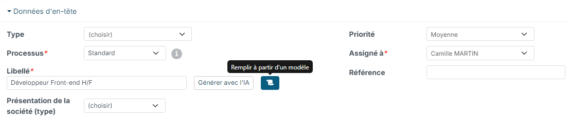 Icône Remplir à partir d'un modèle à côté du bouton Générer avec l'IA