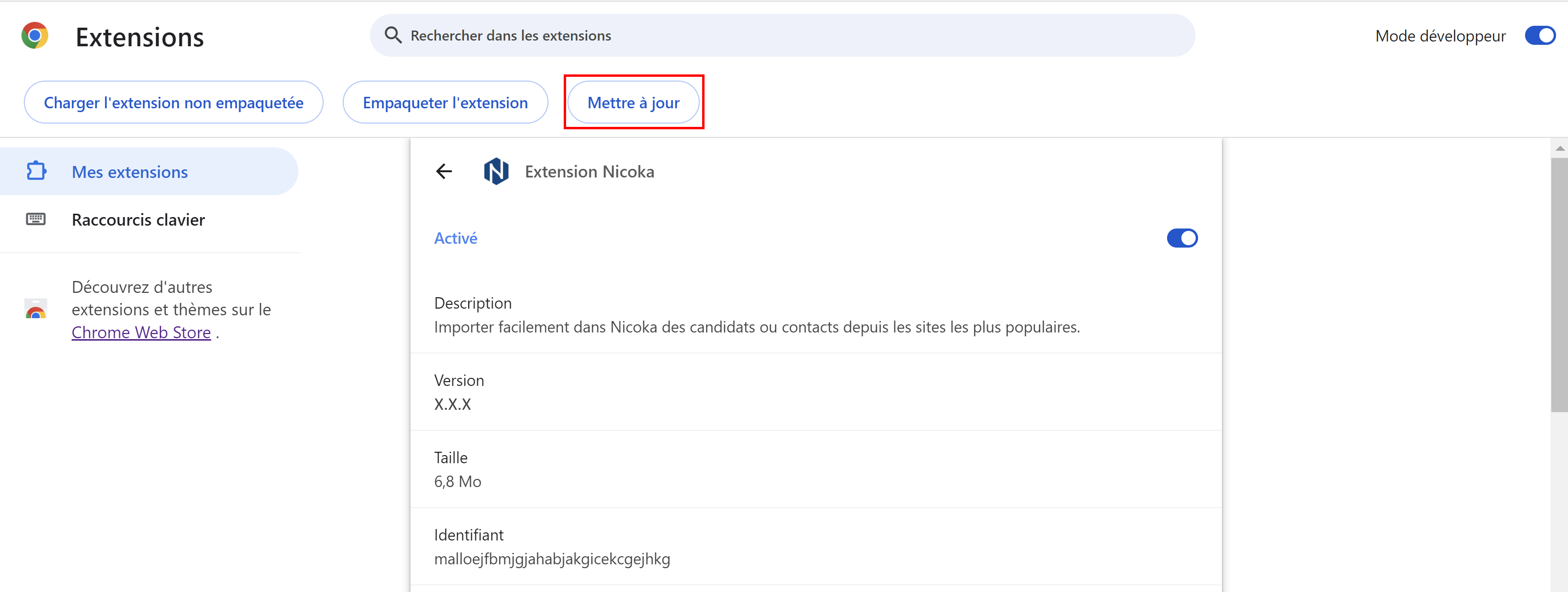 Details page of the Nicoka extension with the Update button and the installed version
