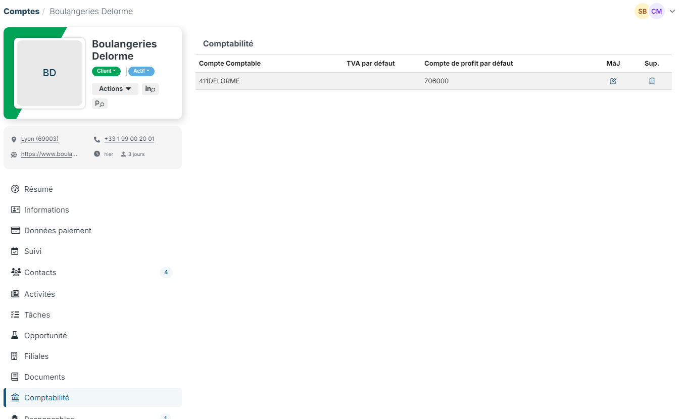 Onglet Comptabilité d'un compte client avec son compte 411 et son compte de profit par défaut