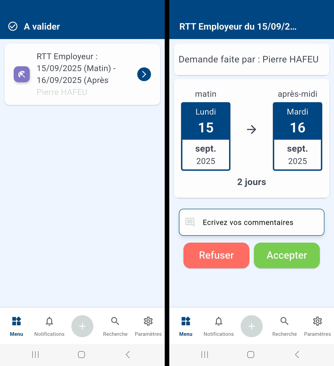 Approvals screen and detail of a time off request with the refuse and accept buttons