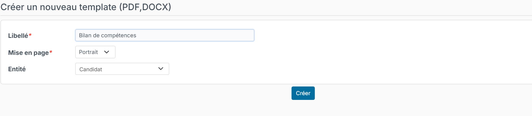 Create a new document template page: label, layout and Candidate entity