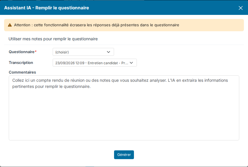 Fenêtre Assistant IA - Remplir le questionnaire