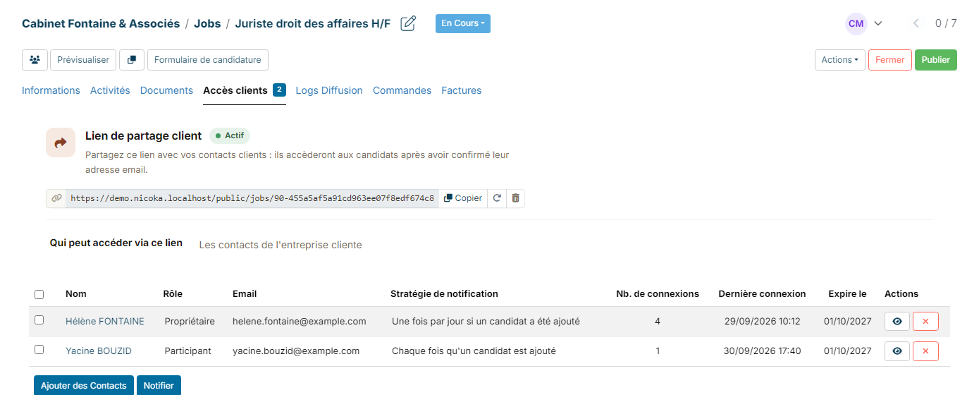 Onglet Accès clients d'une mission : carte Lien de partage client et tableau des accès