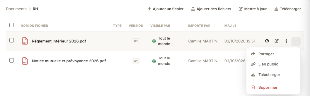 … menu of a document: Share, Public link, Download, Delete