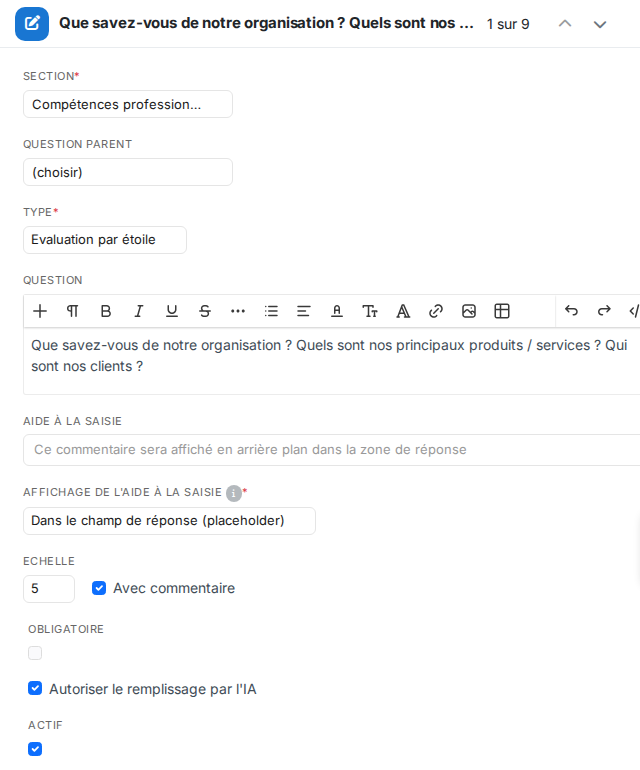 Panneau d'une question avec la case Autoriser le remplissage par l'IA