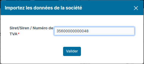 Fenêtre Importez les données de la société : saisie du SIRET