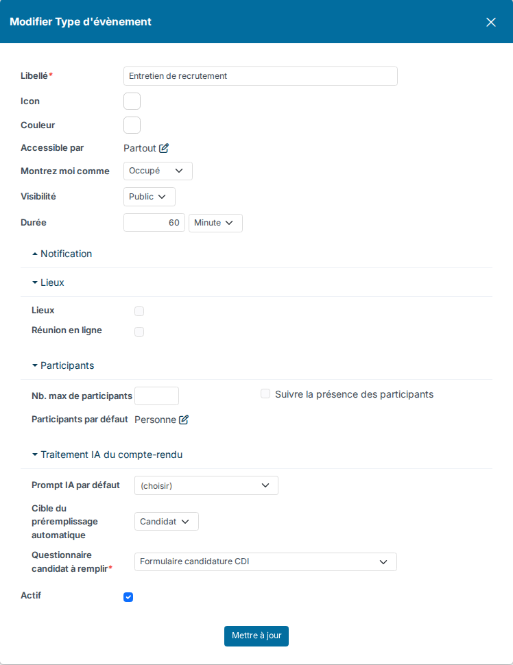 Type d'évènement : bloc Traitement IA du compte-rendu avec la cible du préremplissage et le questionnaire à remplir