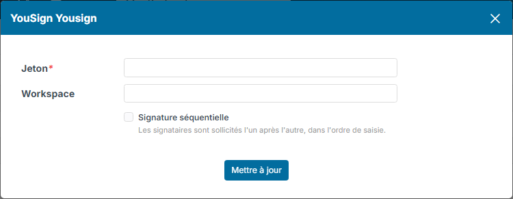 Yousign service settings window, empty fields