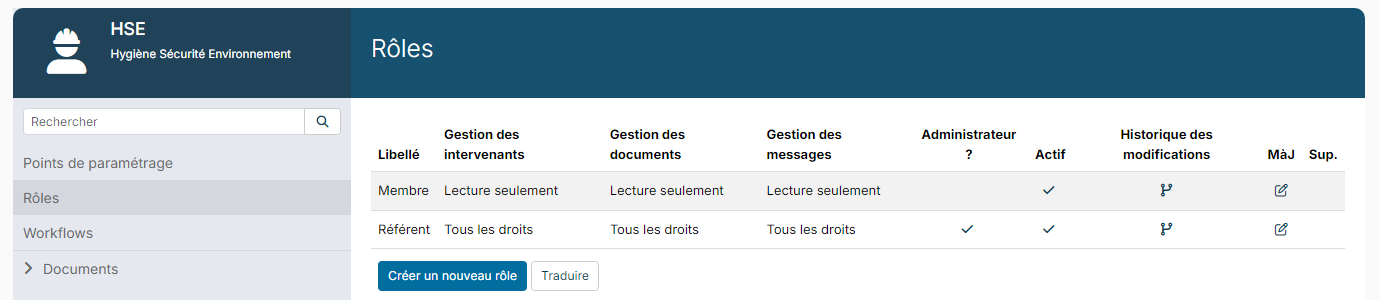 Paramétrage des rôles HSE Membre et Référent avec leurs droits