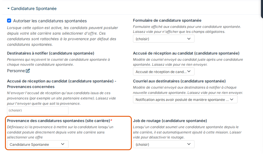 Point Provenance des candidatures spontanées (site carrière), section Candidature Spontanée