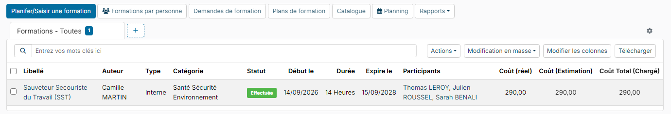 Liste des formations avec les boutons Planifer/Saisir une formation, Plans de formation, Catalogue et Planning