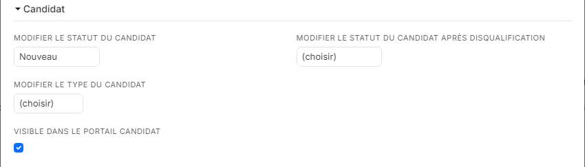 Section Candidat : statut appliqué, statut après disqualification, type du candidat, visible dans le portail candidat
