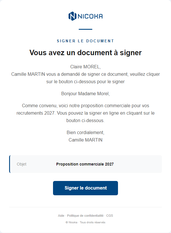Email received by the signatory with the Sign Document button