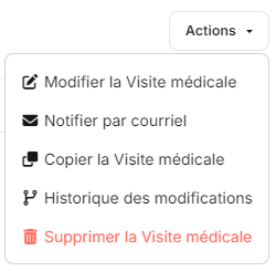 Menu Actions d'une visite médicale